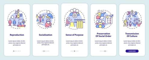 Social institutions functions onboarding mobile app screen. Walkthrough 5 steps graphic instructions pages with linear concepts. UI, UX, GUI template. vector