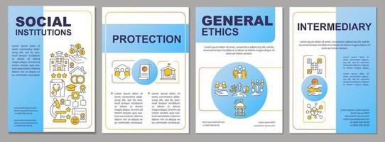 Social institutions importance blue brochure template. General ethics. Leaflet design with linear icons. 4 vector layouts for presentation, annual reports