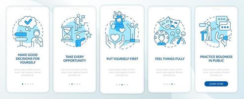 Boosting mental health and wellbeing blue onboarding mobile app screen. Walkthrough 5 steps graphic instructions pages with linear concepts. UI, UX, GUI template vector