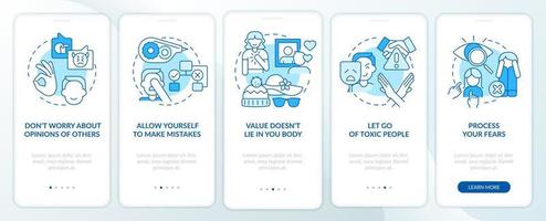 Self-care strategies blue onboarding mobile app screen. Walkthrough 5 steps graphic instructions pages with linear concepts. UI, UX, GUI template vector