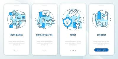 Healthy relationships characteristics blue onboarding mobile app screen. Walkthrough 4 steps graphic instructions pages with linear concepts. UI, UX, GUI template vector