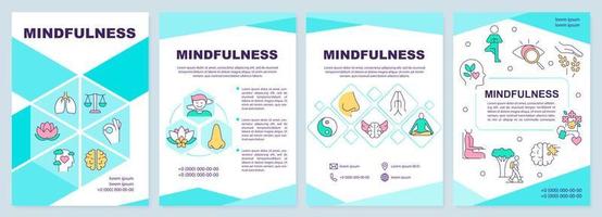 Mindfulness turquoise brochure template. Enjoying simple pleasures. Leaflet design with linear icons. 4 vector layouts for presentation, annual reports