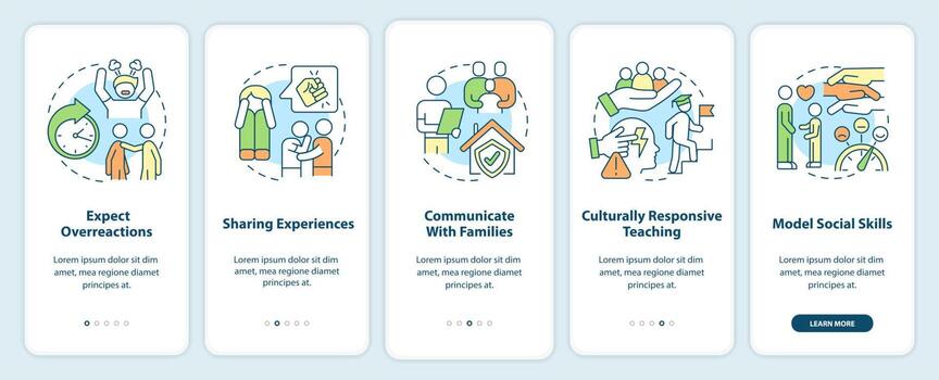 Trauma informed teaching onboarding mobile app screen. Education trends walkthrough 5 steps graphic instructions pages with linear concepts. UI, UX, GUI template. vector