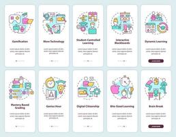 Education trends onboarding mobile app screen set. System development walkthrough 5 steps graphic instructions pages with linear concepts. UI, UX, GUI template. vector