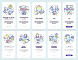 Social assistance onboarding mobile app screen set. Programs walkthrough 5 steps graphic instructions pages with linear concepts. UI, UX, GUI template. vector