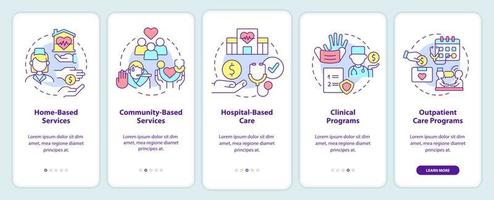 Medical care services onboarding mobile app screen. Social assistance walkthrough 5 steps graphic instructions pages with linear concepts. UI, UX, GUI template. vector