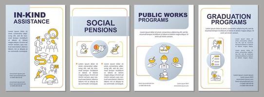 Types of social protection grey brochure template. Services. Leaflet design with linear icons. 4 vector layouts for presentation, annual reports.