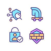 Online security measures pixel perfect RGB color icons set. Security scanning. Firewall. Trojan horse virus. Isolated vector illustrations. Simple filled line drawings collection. Editable stroke