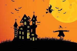 escenas de halloween con la silueta de un castillo, una luna brillante y una ilustración de árboles muertos. vector