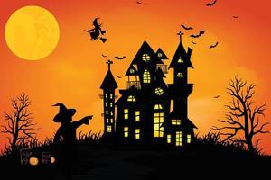 escenas de halloween con la silueta de un castillo, una luna brillante y una ilustración de árboles muertos. vector