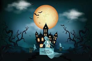 escenas de halloween con la silueta de un castillo, una luna brillante y una ilustración de árboles muertos. vector