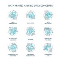 conjunto de iconos de concepto turquesa de minería de datos y big data. análisis de base de datos idea ilustraciones en color de línea delgada. base de datos. símbolos aislados. trazo editable. vector