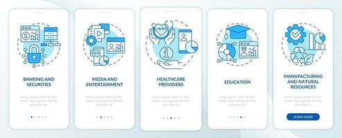 Types of big data applications blue onboarding mobile app screen. Service walkthrough 5 steps graphic instructions pages with linear concepts. UI, UX, GUI template. vector