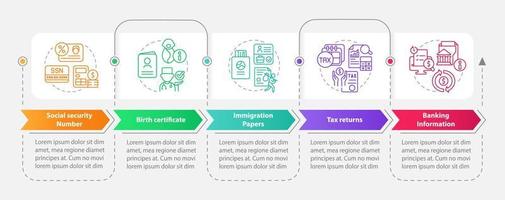 plantilla de infografía de rectángulo de aplicación de programa social. documentos. visualización de datos con gráfico de información de línea de tiempo de proceso de 5 pasos. diseño de flujo de trabajo con iconos de línea. vector