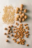Mix of nuts Macadamia, almond, soy, walnut. Top view. photo