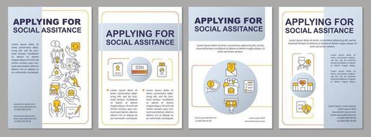 Applying for social assistance grey brochure template. Program, service. Leaflet design with linear icons. 4 vector layouts for presentation, annual reports.