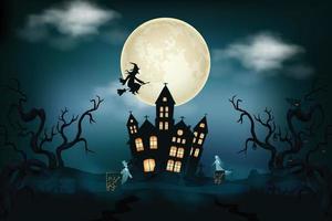 Halloween scenes with the silhouette of a castle a glowing moon and dead trees illustration. vector