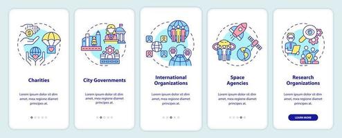 ejemplos de instituciones que incorporan la pantalla de la aplicación móvil. Las organizaciones recorren las páginas de instrucciones gráficas de 5 pasos con conceptos lineales. interfaz de usuario, ux, plantilla de interfaz gráfica de usuario. vector