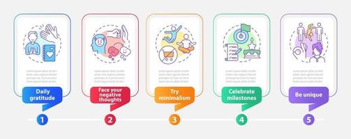 Exercises for self appreciation rectangle infographic template. Data visualization with 5 steps. Process timeline info chart. Workflow layout with line icons vector