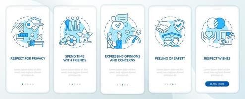 Building healthy relationships blue onboarding mobile app screen. Respect walkthrough 5 steps graphic instructions pages with linear concepts. UI, UX, GUI template vector