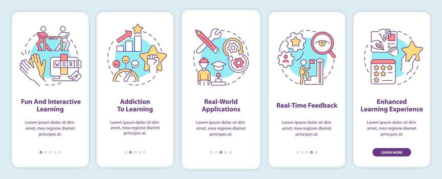 Benefits of gamification onboarding mobile app screen. Education trends walkthrough 5 steps graphic instructions pages with linear concepts. UI, UX, GUI template. vector