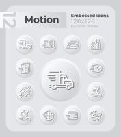 Motion embossed icons set. Moving objects. Constant changes. Neumorphism effect. Isolated vector illustrations. Minimalist button design collection. Editable stroke.