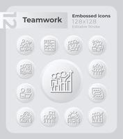 Teamwork in workplace embossed icons set. Team collaboration. Neumorphism effect. Isolated vector illustrations. Minimalist button design collection. Editable stroke.