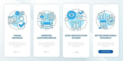 Advantages of big data processing blue onboarding mobile app screen. IoT walkthrough 4 steps graphic instructions pages with linear concepts. UI, UX, GUI template. vector