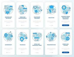 Big data applications blue onboarding mobile app screen set. Analysis walkthrough 5 steps graphic instructions pages with linear concepts. UI, UX, GUI template. vector