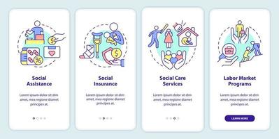 Social protection onboarding mobile app screen. Programs and services walkthrough 4 steps graphic instructions pages with linear concepts. UI, UX, GUI template. vector