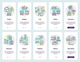 Social institutions onboarding mobile app screen set. Walkthrough 5 steps graphic instructions pages with linear concepts. UI, UX, GUI template. vector