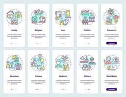 Social institutions onboarding mobile app screen set. Walkthrough 5 steps graphic instructions pages with linear concepts. UI, UX, GUI template. vector