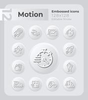 conjunto de iconos en relieve de movimiento y velocidad. potencia mecánica. efecto de neumorfismo. ilustraciones vectoriales aisladas. colección de diseño de botones minimalistas. trazo editable. vector