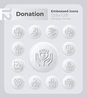 Donation embossed icons set. Charitable giving. Philanthropy. Neumorphism effect. Isolated vector illustrations. Minimalist button design collection. Editable stroke.