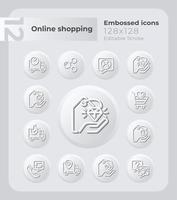 Online shopping embossed icons set. Fast delivery. Payment. Neumorphism effect. Isolated vector illustrations. Minimalist button design collection. Editable stroke.