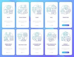 Lean manufacturing blue gradient onboarding mobile app screen set. Walkthrough 5 steps graphic instructions pages with linear concepts. UI, UX, GUI template. vector