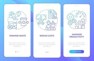 Lean manufacturing purpose blue gradient onboarding mobile app screen. Walkthrough 3 steps graphic instructions pages with linear concepts. UI, UX, GUI template. vector