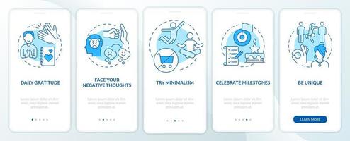 Exercises for self appreciation blue onboarding mobile app screen. Walkthrough 5 steps graphic instructions pages with linear concepts. UI, UX, GUI template vector