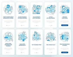 Practicing self love and care blue onboarding mobile app screen set. Walkthrough 5 steps graphic instructions pages with linear concepts. UI, UX, GUI template vector