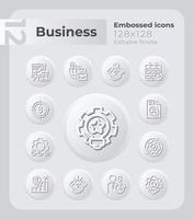 Product development embossed icons set. Corporate strategy. Neumorphism effect. Isolated vector illustrations. Minimalist button design collection. Editable stroke.