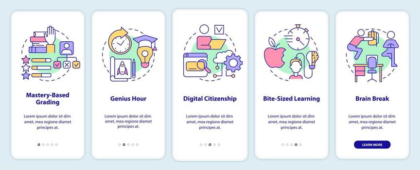 Innovations in education onboarding mobile app screen. Learning trends walkthrough 5 steps graphic instructions pages with linear concepts. UI, UX, GUI template. vector