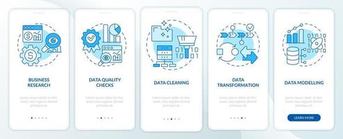 Data mining process blue onboarding mobile app screen. Machine learning walkthrough 5 steps graphic instructions pages with linear concepts. UI, UX, GUI template. vector