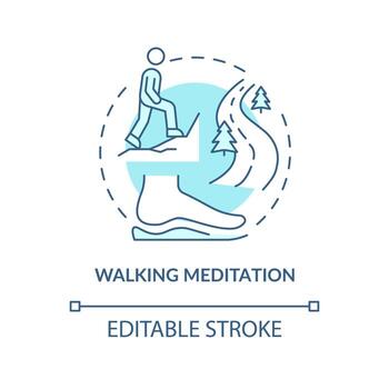 Walking meditation turquoise concept icon. Mindfulness technique abstract idea thin line illustration. Connect with nature. Isolated outline drawing. Editable stroke vector