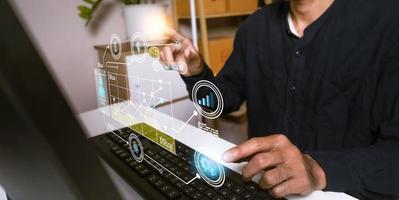 Hand hold Business brainstorm Ai financial analysis graph economic growth big data tech dashboard technology digital global network marketing connection metaverse 3D virtual analysis screen Concept photo
