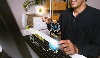 Hand hold Business brainstorm Ai financial analysis graph economic growth big data tech dashboard technology digital global network marketing connection metaverse 3D virtual analysis screen Concept photo