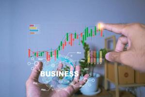 Hand hold Business brainstorm Ai financial analysis graph economic growth big data tech dashboard technology digital global network marketing connection metaverse 3D virtual analysis screen Concept photo
