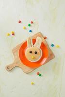 Funny bunny pancakes with fruits for Easter kids breakfast photo