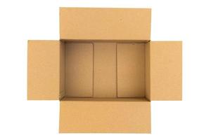 caja de cartón marrón vacía abierta aislada en la vista superior de fondo blanco foto