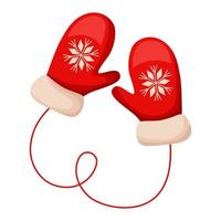 A pair of New Year's festive red mittens with a snowflake. Mittens isolated on white background. Red mittens. Winter element of clothing. vector