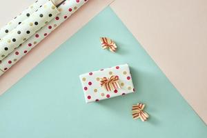 Gift box with ribbon overhead view - flat lay